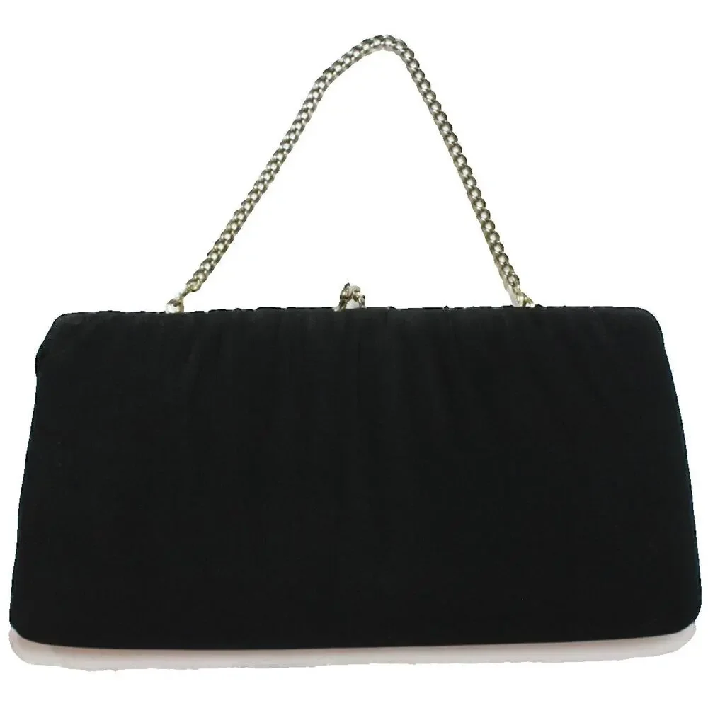 Vintage 60s Black Crepe Clutch Purse Chain Strap Frame Bag